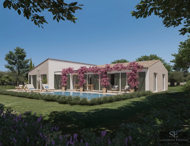 Modern one-story villa with a turquoise pool, lush garden, and pink bougainvillea climbing a pergola under a blue sky.
