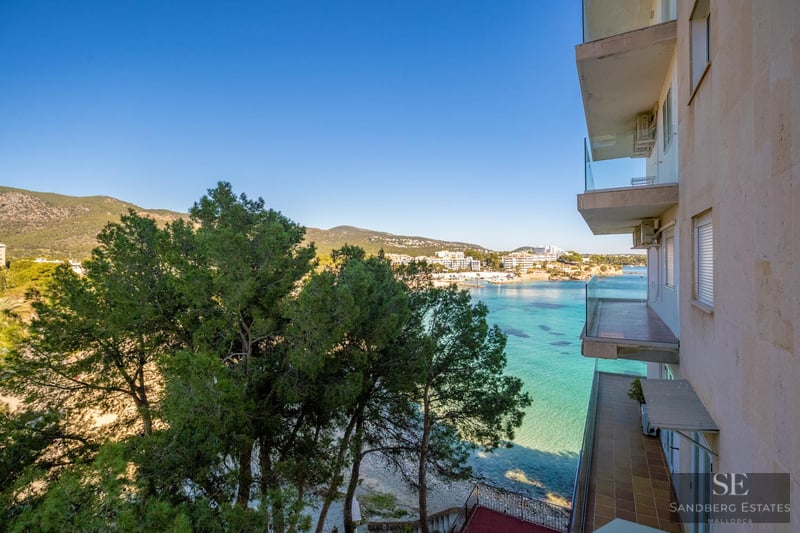 Apartment balconies overlooking a turquoise Mediterranean bay with pine trees and clear blue sky.