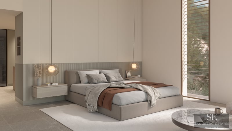 Minimalistiskt huvudsovrum med en stor säng, svävande nattduksbord och klotformade pendellampor.