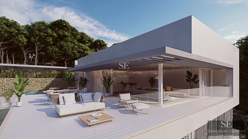 Exterior view of a modern villa featuring an infinity pool, minimalist design, lush garden, and large windows. Warm lighting.