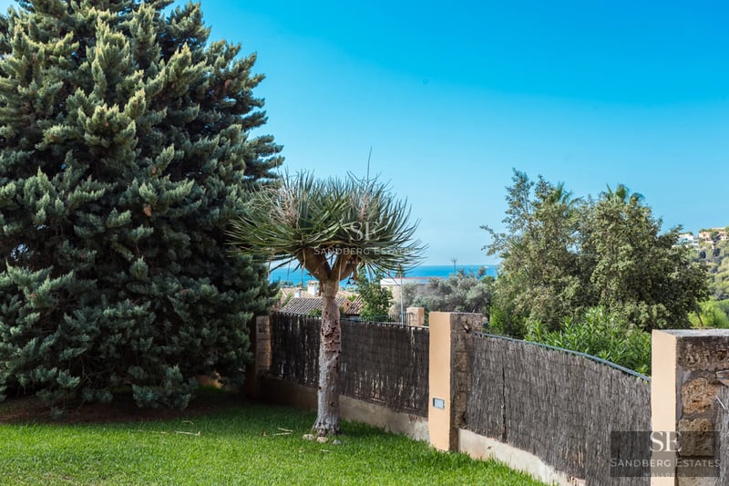 Pool view with sun loungers, palm trees and modern villa in the background. Clear blue sky and lush vegetation.