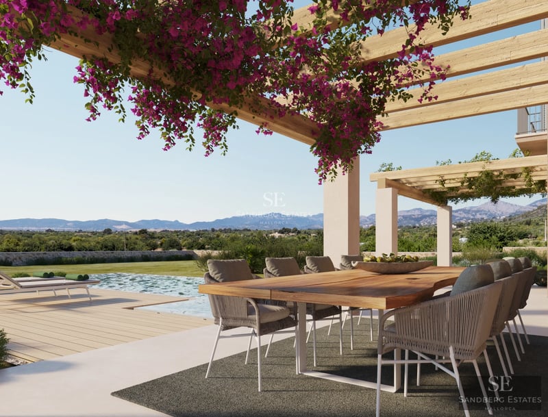 Exterior of a luxury home with a pool, manicured garden and modern architecture. Warm lighting and serene atmosphere.