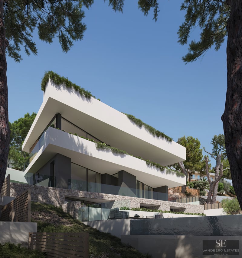 Ultra-modern multi-level white villa with glass balconies and an infinity pool, surrounded by pine trees.