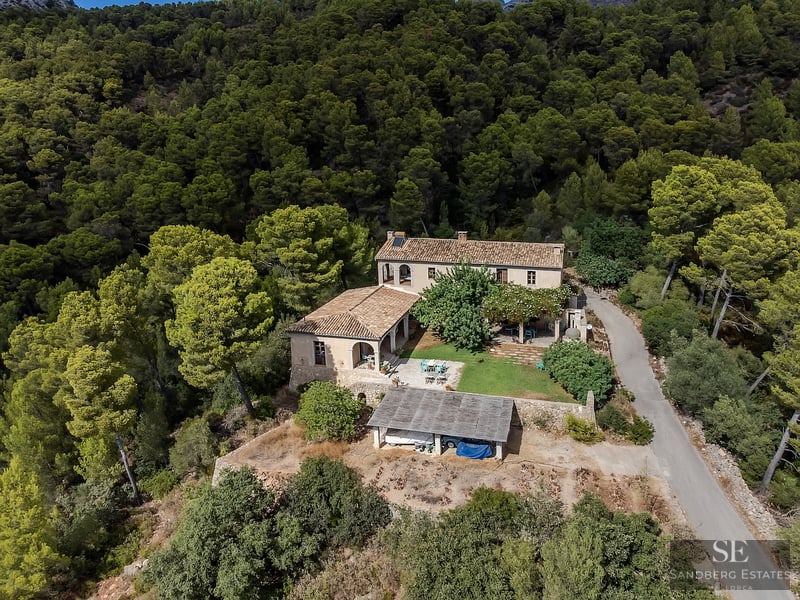 Bird's eye view of a rustic villa with terracotta roofs surrounded by a dense green pine forest on a hillside.