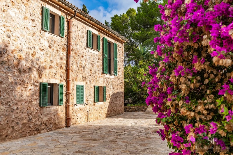 Image of a swimming pool surrounded by a lush garden. Modern design, minimalist architecture, and relaxing atmosphere.