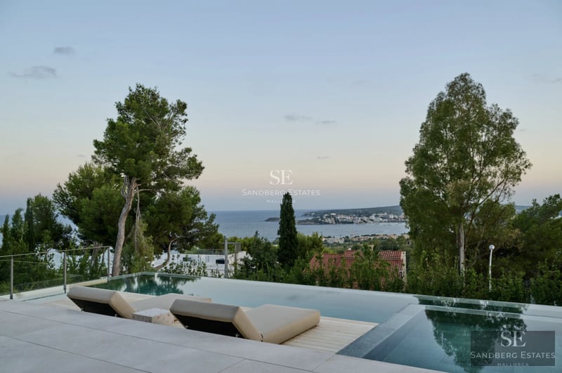 View of an infinity pool surrounded by lush greenery, with a modern house in the background and clear blue sky.