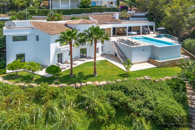 Exterior view of a modern house with a pool. Minimalist design, large windows and manicured landscaping. Luxury and comfort.