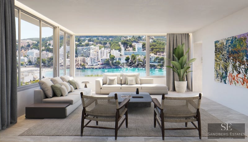 Spacious terrace with infinity pool, sea view. Modern design, elegant sun loungers, and lush vegetation. Relaxation and luxury.