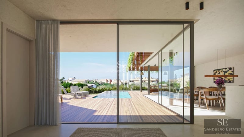 Exterior view of a modern villa with pool, sun loungers, manicured lawn, and minimalist architecture. Natural light and elegant design.