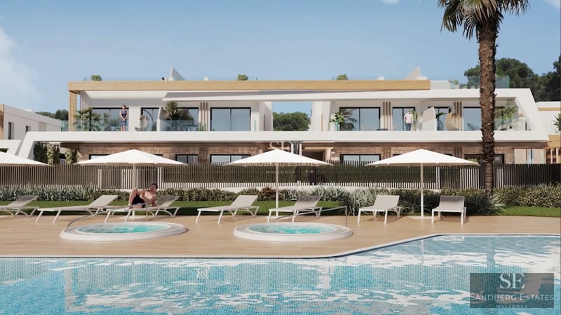 Exterior view of a modern villa with a swimming pool. Minimalist white facade, large windows, turquoise pool, and lush garden.