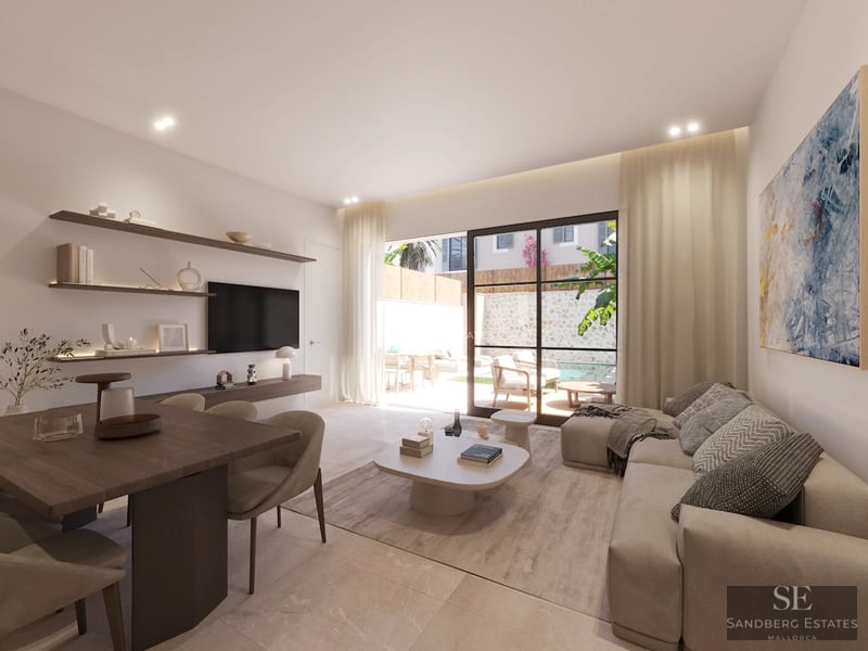 Luftaufnahme eines modernen Hauses mit Infinity-Pool und üppigem Garten. Minimalistisches Design, große Fenster und helle Räume.