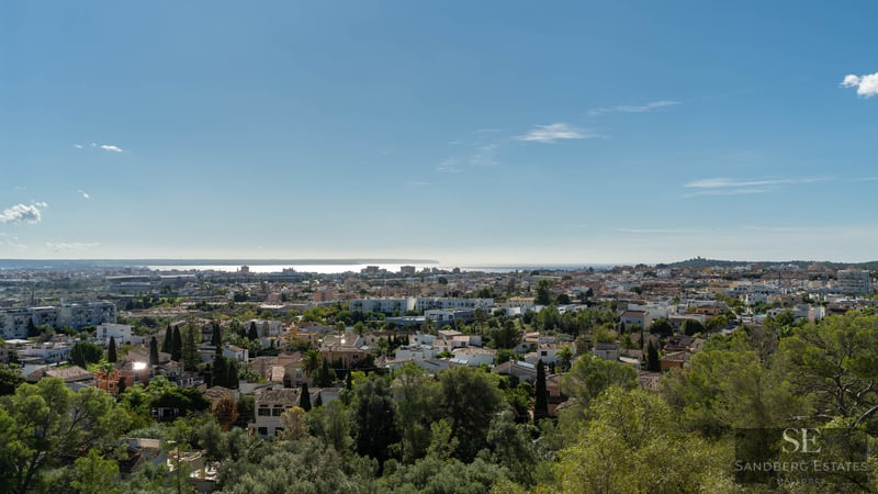 High-angle panoramic view of a Mediterranean city with lush green trees and the sea on the distant horizon.