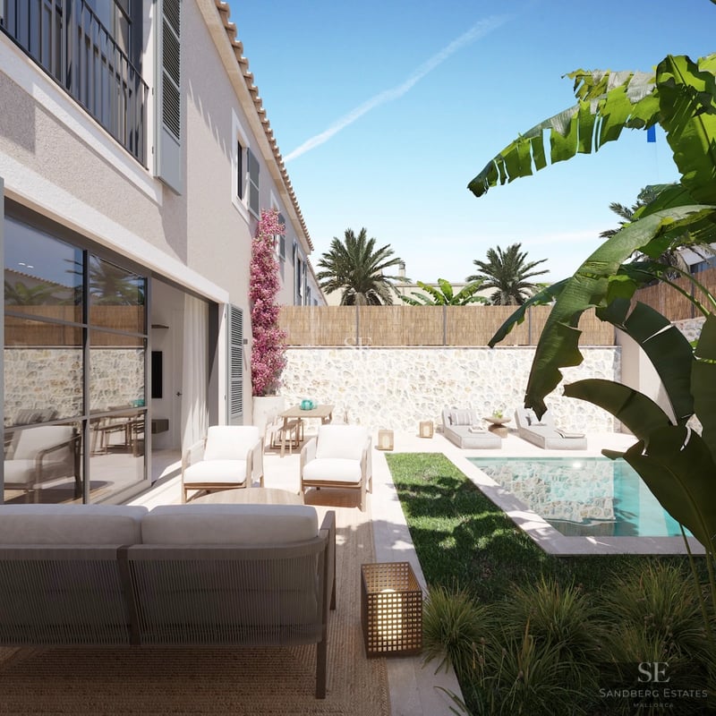 Außenansicht einer modernen Villa mit Pool, großem Garten und minimalistischer Architektur. Warme Beleuchtung und elegantes Design.