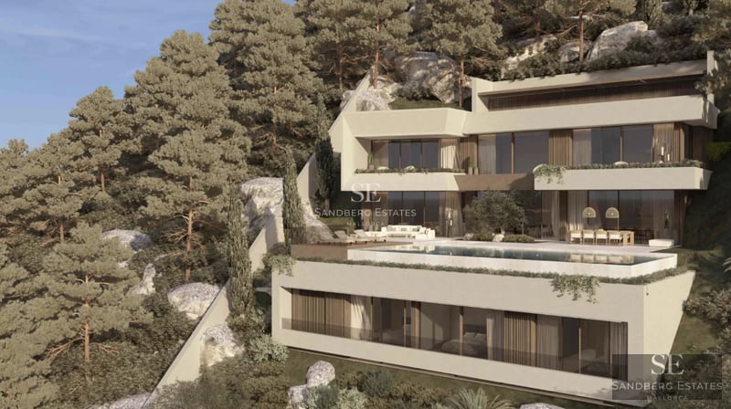 Exterior view of a modern villa featuring an infinity pool, wooden deck, expansive windows, and minimalist landscaping. Contemporary design.