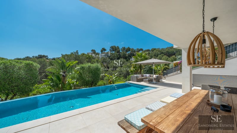 Spacious terrace with infinity pool, stylish loungers, and panoramic views. Modern design featuring a glass railing.