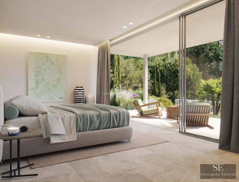 Modern penthouse with balcony and panoramic sea view. Minimalist design, elegant furniture, wooden floors, and abundant natural light.