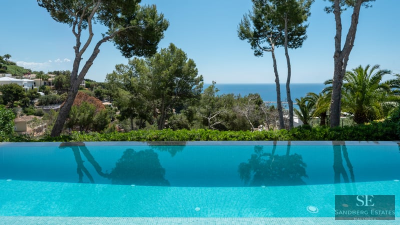 An infinity pool reflecting tall pine trees, looking out over a green landscape towards the blue Mediterranean sea.