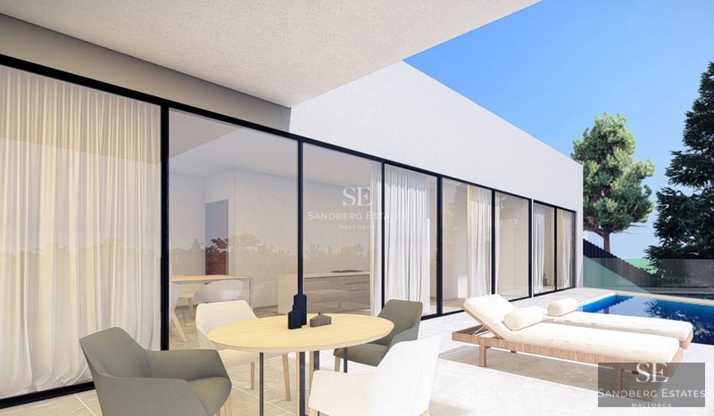 Image of a luxurious pool with sun loungers and a modern house with large glass windows. Manicured garden and blue sky.