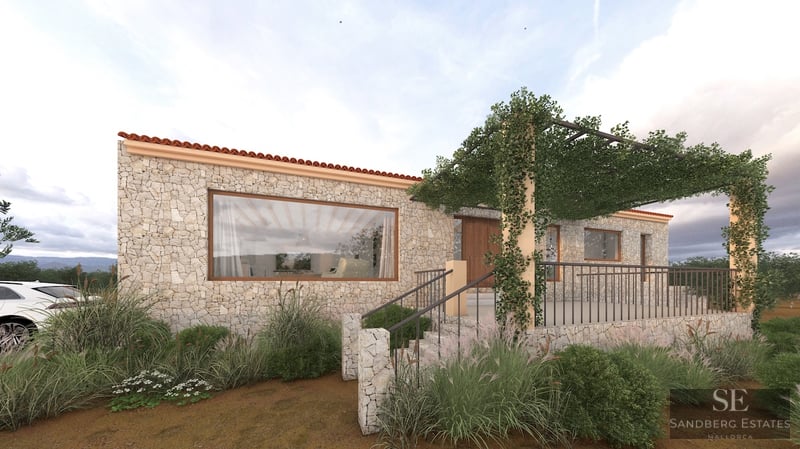 Modern stone villa facade featuring a vine-covered pergola, large windows, and natural Mediterranean landscaping.