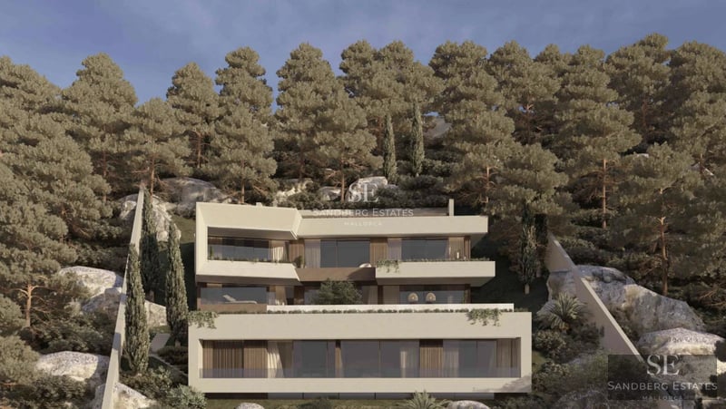 Exterior view of a modern villa with pool, lush garden, and minimalist architecture. Large windows and spacious terraces.