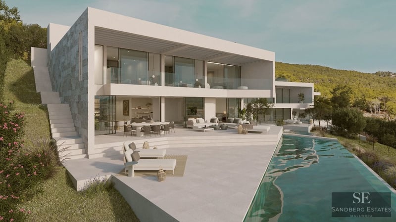 Modern white multi-level villa with a long infinity pool and large terrace overlooking a lush green hillside.