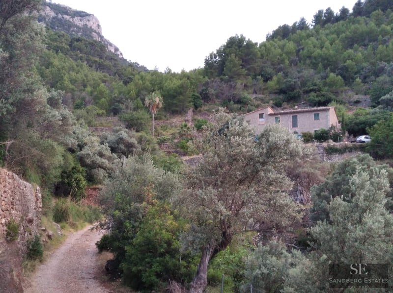 Traditional stone house nestled on a forested hillside with a dirt path and mountains in the background.