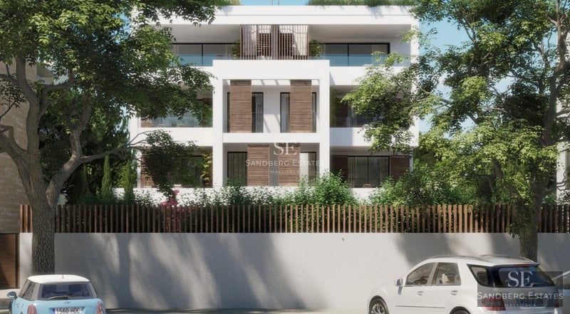 Vista exterior de una casa moderna con piscina, jardín exuberante y diseño minimalista. Arquitectura elegante y acabados de alta calidad.