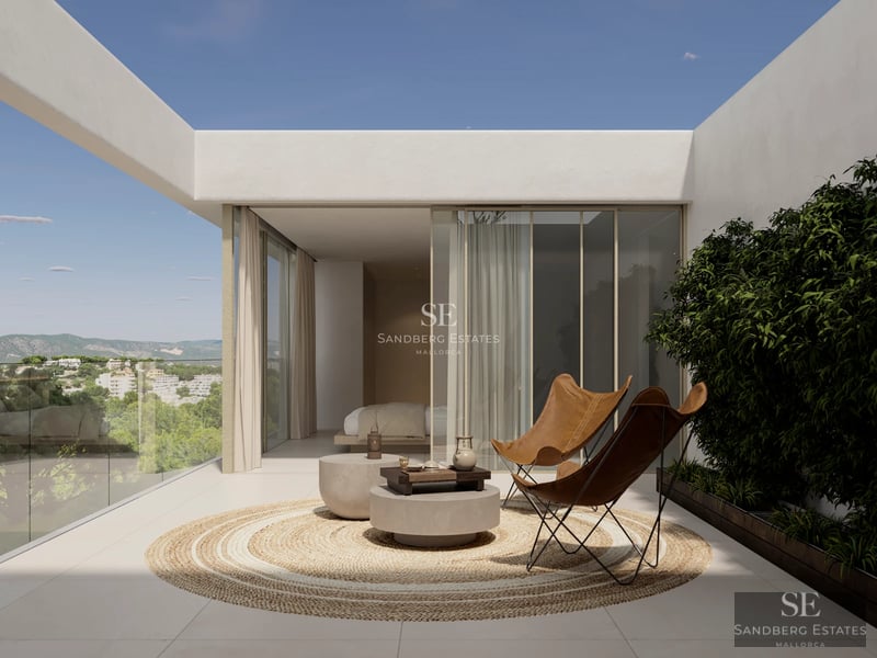 Expansive exterior with infinity pool, sun loungers, lush garden, and panoramic views. Modern and elegant architecture.