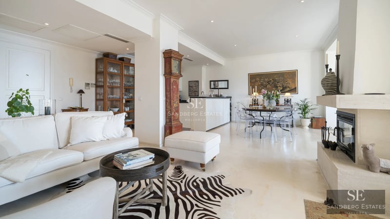 View of a modern living room with a balcony and sea view. Elegant furniture, wooden floors, and plenty of natural light.
