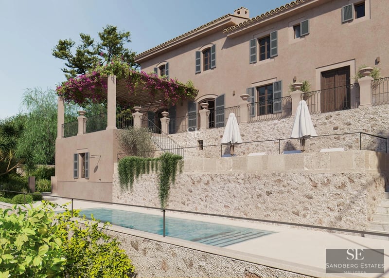 View of luxurious villa with infinity pool, sun loungers, garden, and expansive windows. Modern and elegant design. Avant-garde architecture.