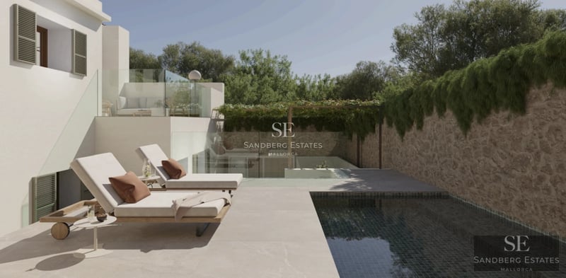 Panoramic view of a luxurious villa with infinity pool, lush gardens, and modern architectural design.