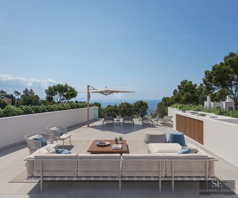 Exterior view of a modern villa with a pool, lush garden, and elegant architecture. Natural lighting and contemporary design.