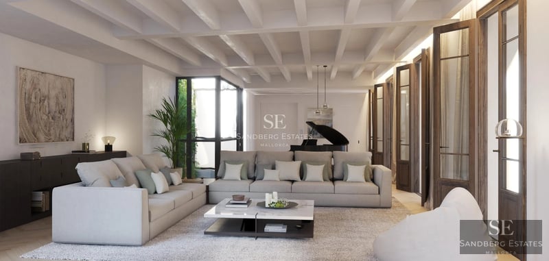 Exterior view of modern villa with pool, large garden, and minimalist architecture. Warm ambient lighting.