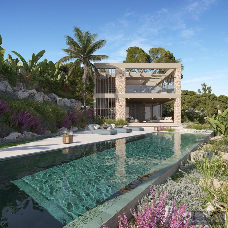 Vista exterior de una villa moderna con piscina infinita, jardines exuberantes y arquitectura minimalista. Luz natural.