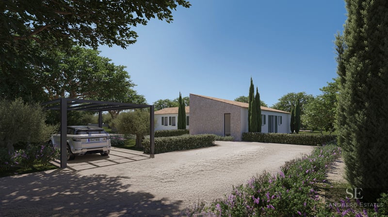Modern Mediterranean villa with stone accents, a landscaped gravel driveway, and a luxury SUV under a black pergola.