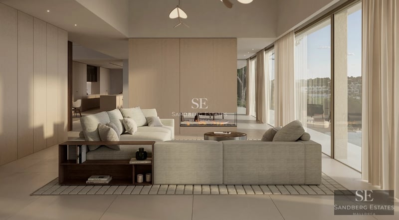 Aerial view of a modern villa with a pool, surrounded by greenery. Minimalist architecture with clean lines and large windows.