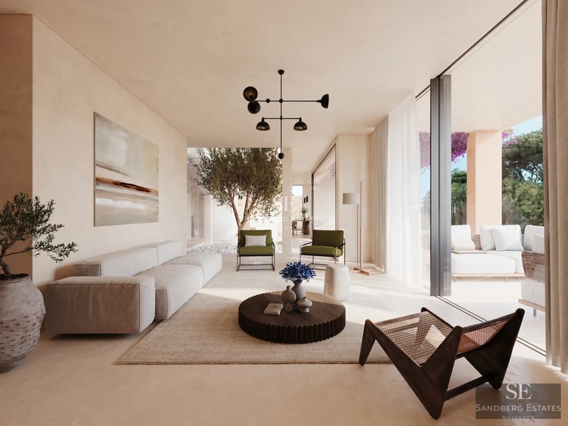 Bright living room with large windows, outdoor pool, modern furniture and minimalist design. Elegance and comfort in every detail.