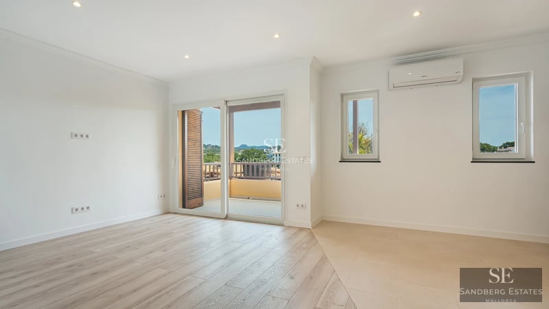 Exterior view of a luxurious property with a pool, lush garden and modern architecture. Minimalist design with large windows.