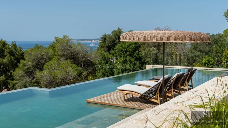 Exterior view of a modern villa featuring an infinity pool, expansive terraces, lush greenery, and minimalist architecture.