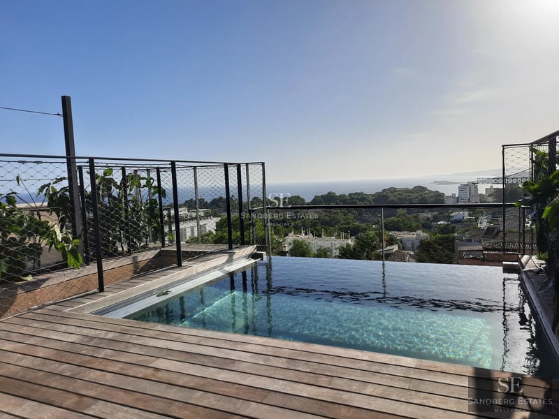 Spacious terrace with infinity pool and panoramic views. Modern architecture with clean lines and large windows.