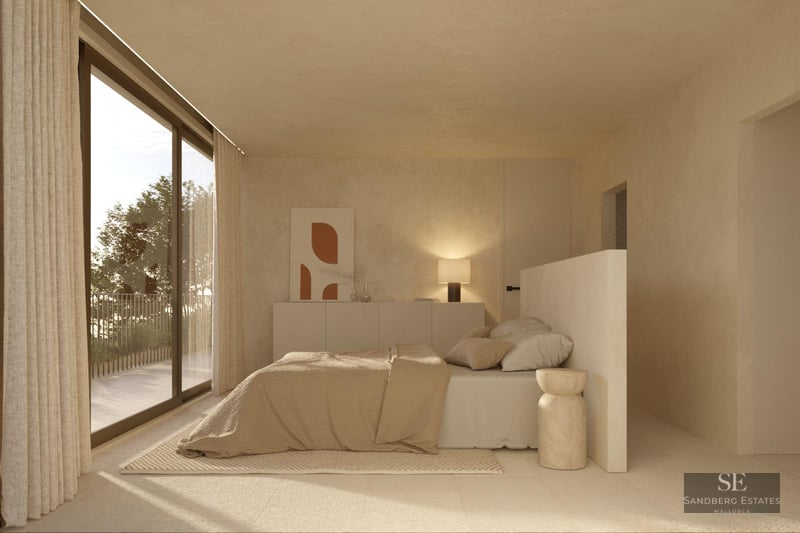 A serene, minimalist master bedroom with a beige palette, floor-to-ceiling windows, and soft ambient lighting.