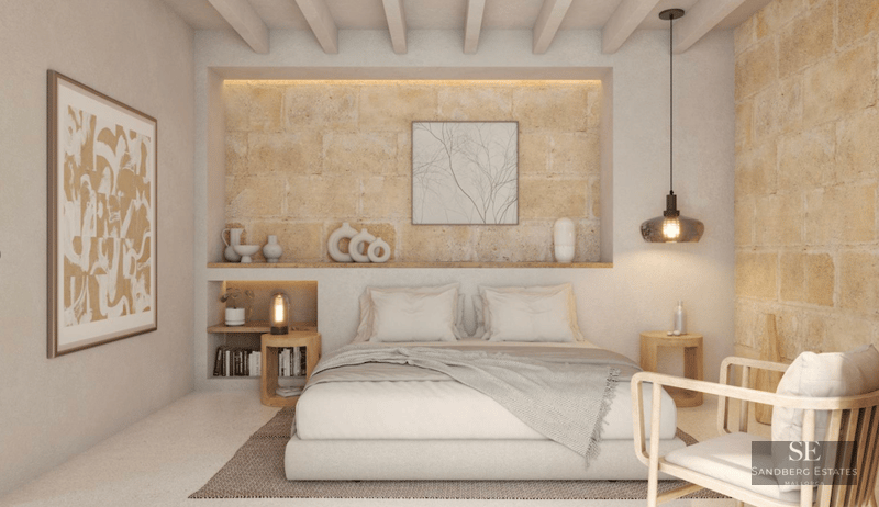 Minimalist bedroom featuring a textured stone accent wall, wooden ceiling beams, and warm ambient lighting.