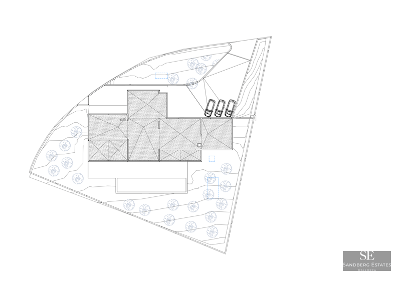 Plan technique en noir et blanc montrant l'implantation du bâtiment, le parking et les espaces paysagers.