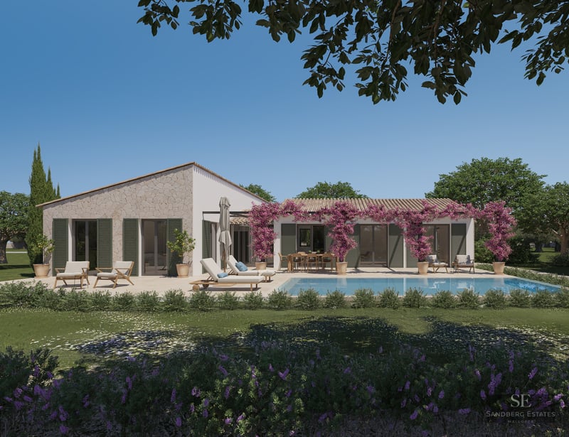 Mediterranean stone villa featuring a turquoise pool, sun loungers, and purple bougainvillea under a clear blue sky.