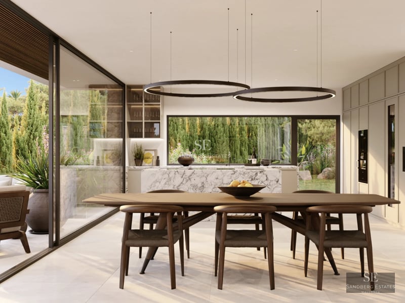 Aerial view of a modern villa featuring a turquoise pool, garden, and terrace. Minimalist architecture with expansive windows.