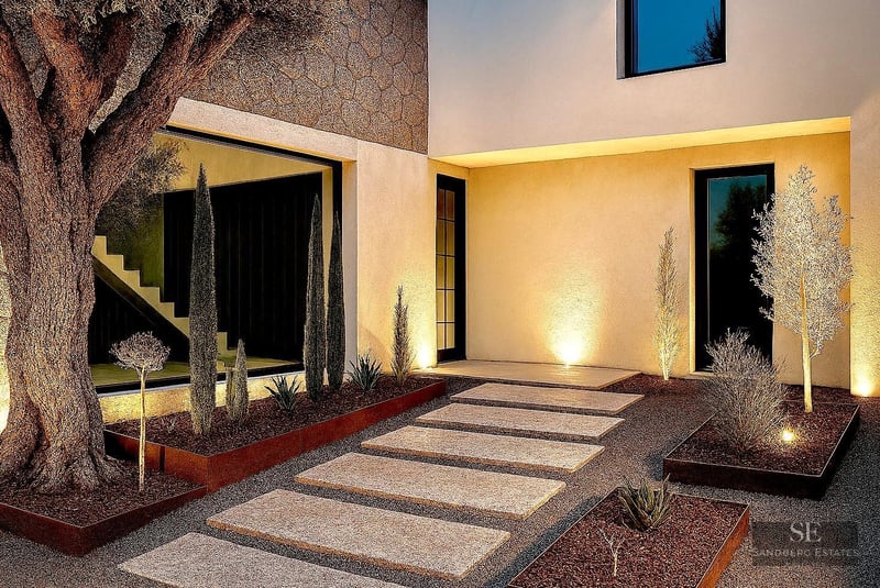 A stepping stone path leads to a modern home at dusk with an olive tree and warm ground lighting.