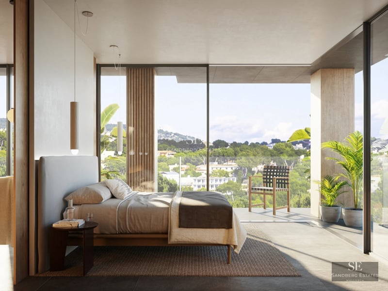 Wide view of a garden with a pool and a modern house in minimalist design featuring large windows and a covered terrace.