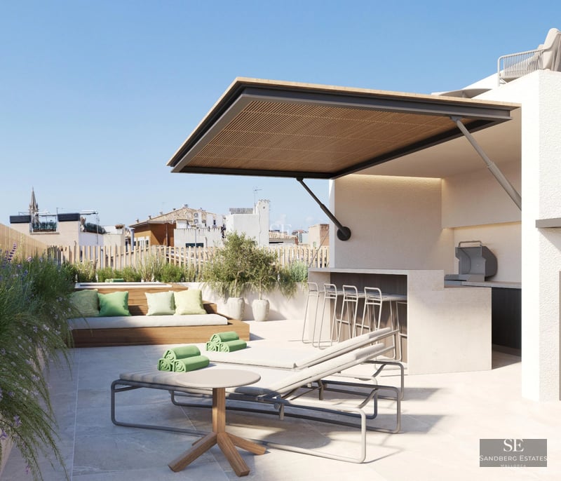 Exterior view of a modern villa with reflecting pool, large windows, and minimalist design. Lush landscaping and blue skies.