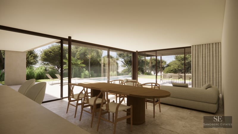 Modern open-plan living and dining room with floor-to-ceiling glass doors opening to a terrace, pool, and garden.