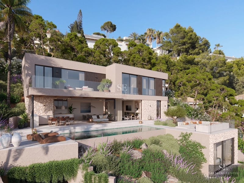 Spacious pool surrounded by lush greenery. Modern design with sun loungers and umbrellas. Ideal for relaxation and entertainment.